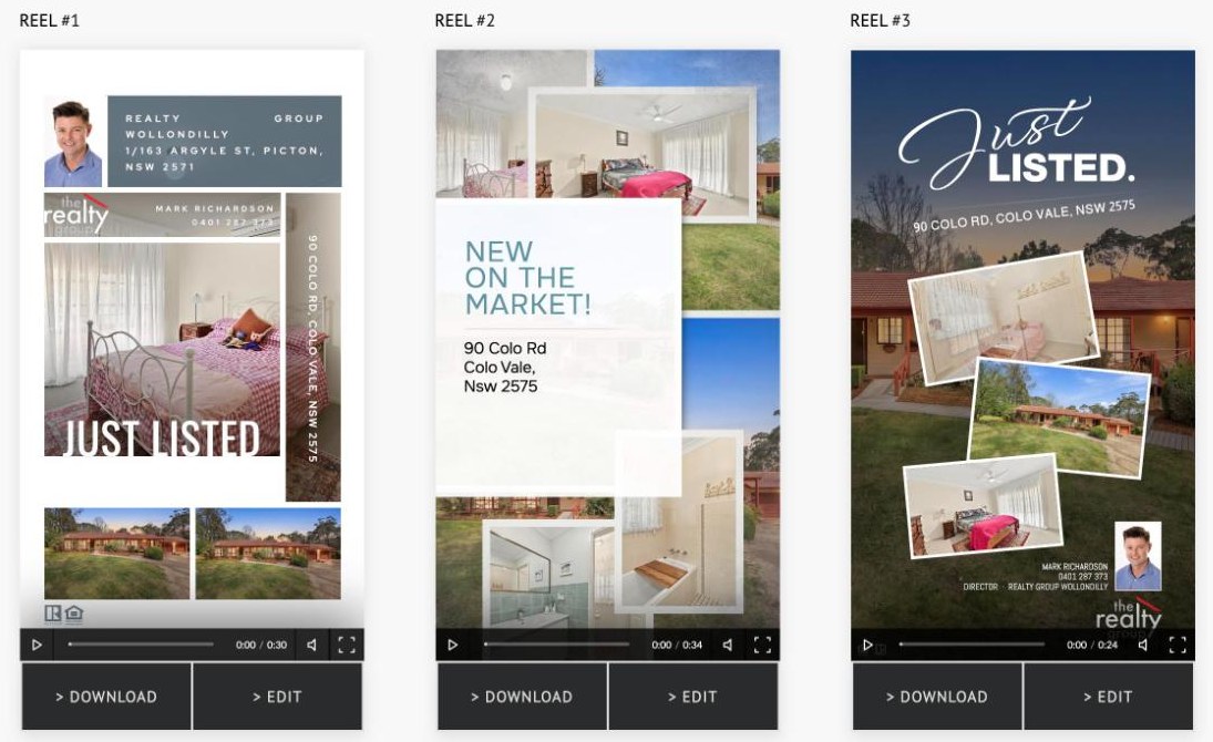 Three ready-made vertical video reels for a listing, each with download and edit buttons
