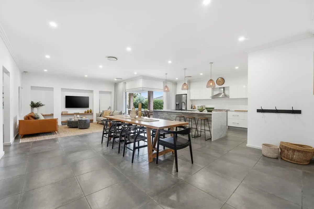 Open-plan living, dining and kitchen at Harrington Park