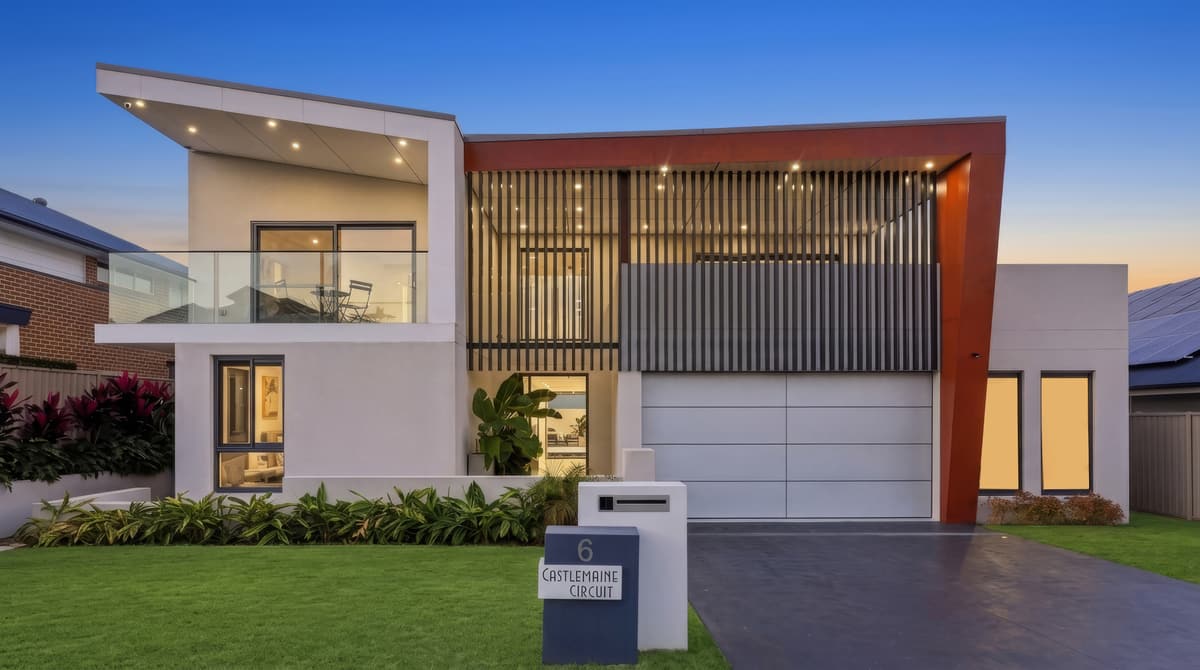 Modern duplex at Harrington Park at dusk