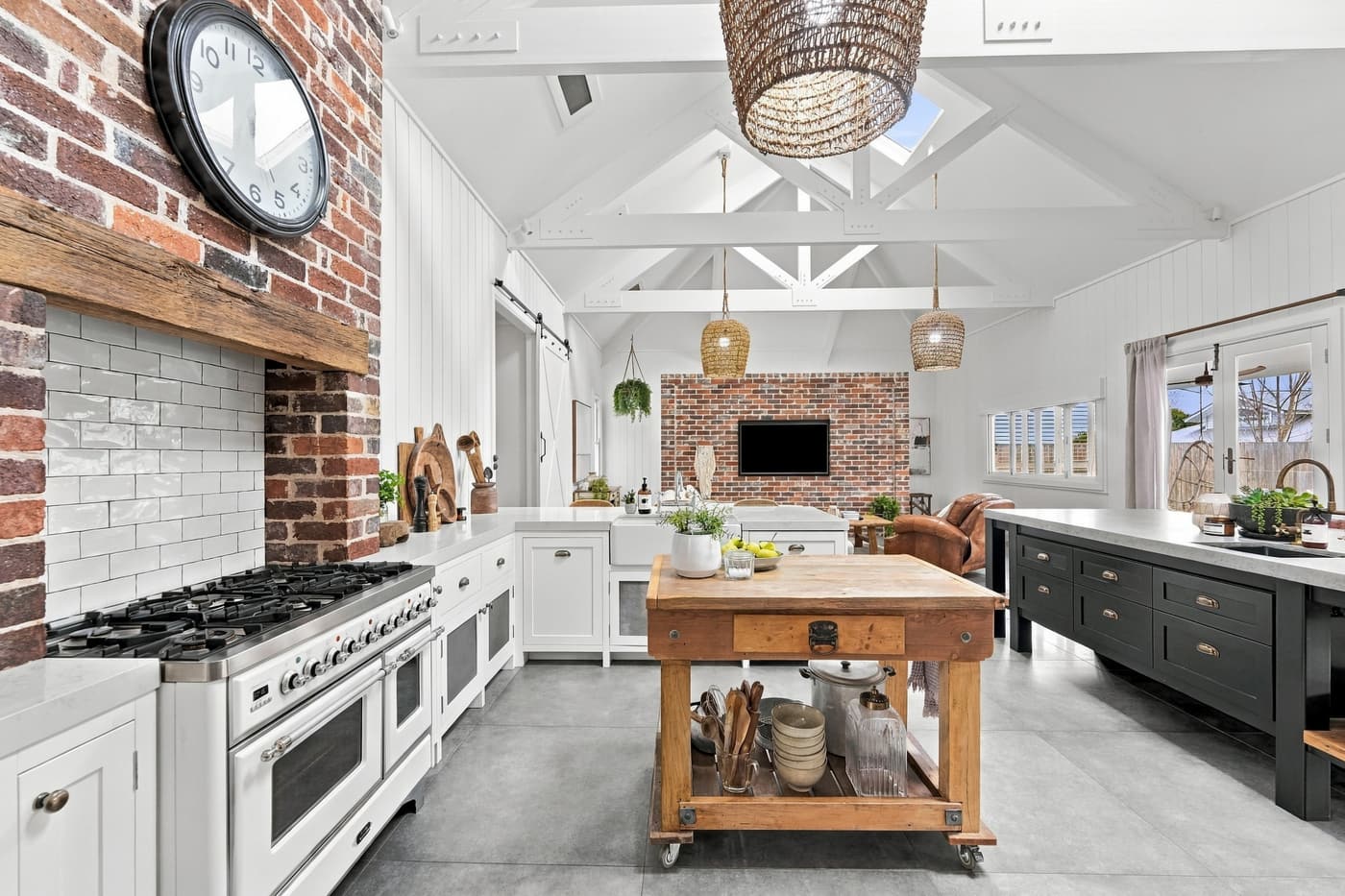 Farmhouse kitchen with brick feature wall, Elderslie