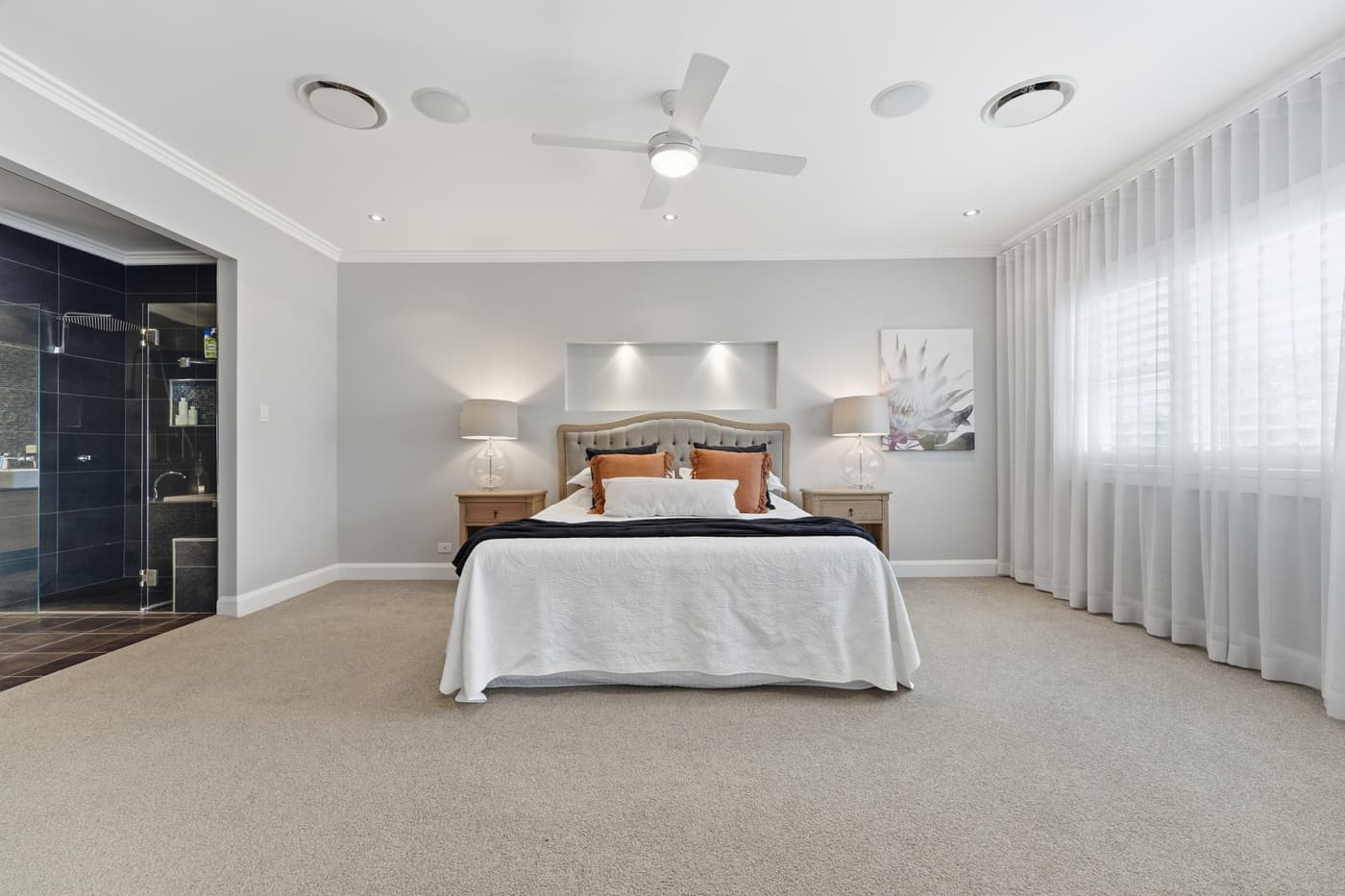 Main bedroom with sheer curtains, Wilton